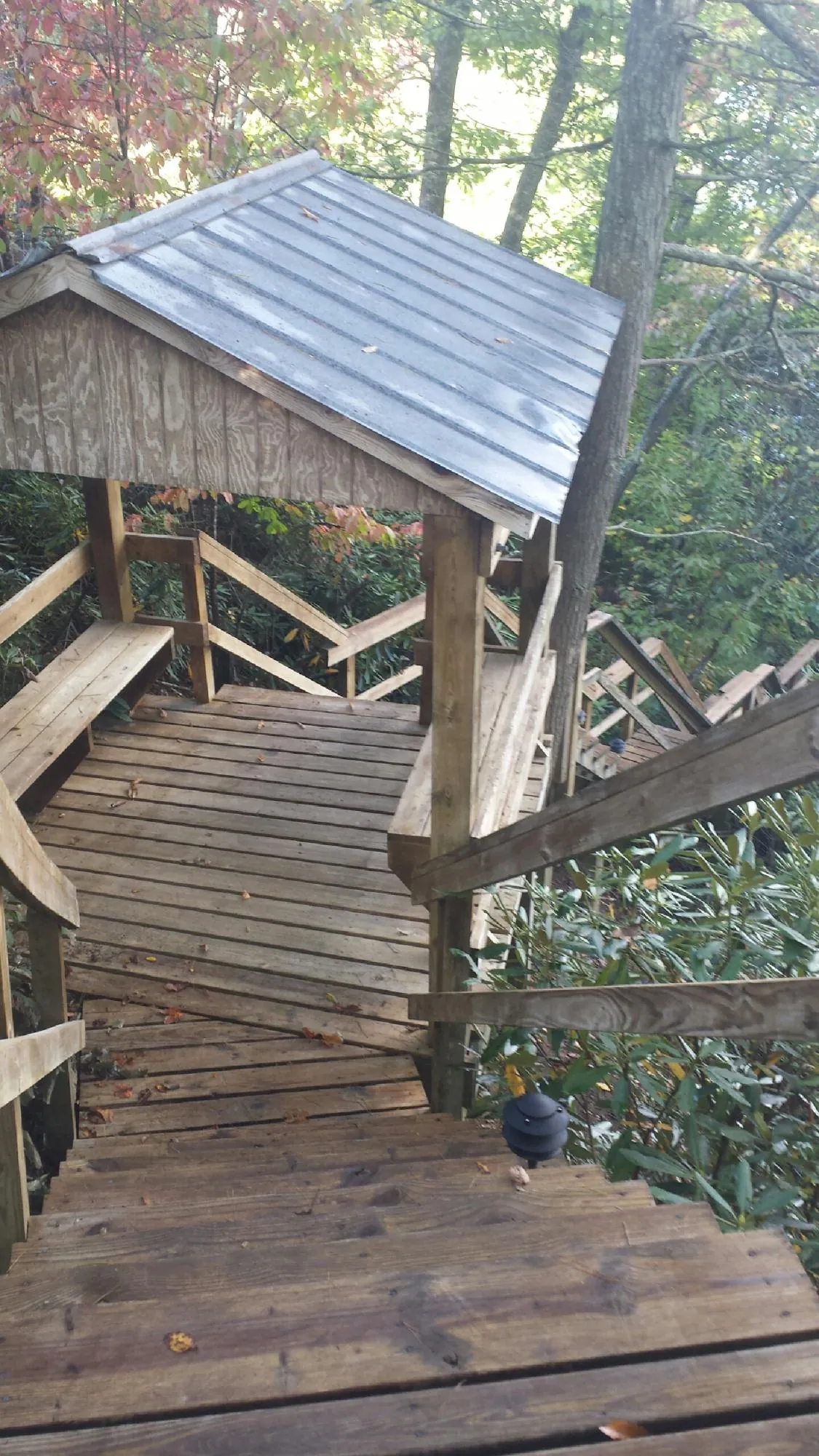 Metal roofed shelter over wooden steps on a wooded walkway — Skylight Repair & Installation work by our crew in Agency
